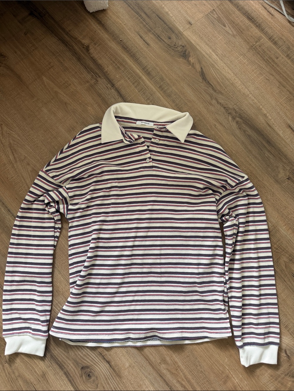 Striped Long-Sleeve Polo Shirt - Cream & Burgundy